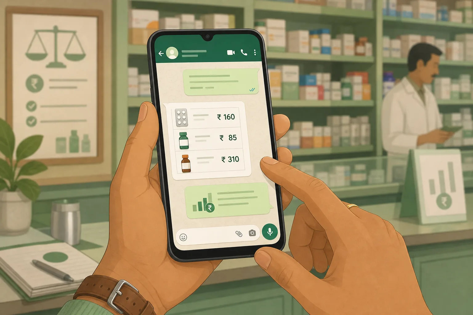 Comparing chemist WhatsApp quote on phone